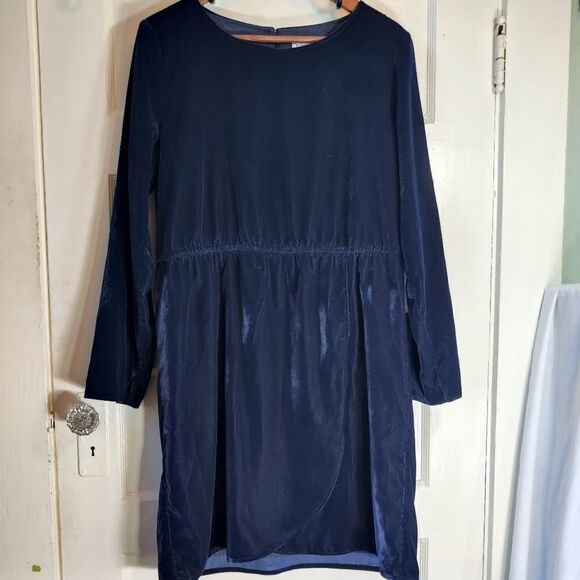 Velvet Faux Wrap Dress Navy Blue Vintage J Crew Tulip Hem Long Sleeve Midi Sz 14 - Picture 3 of 9